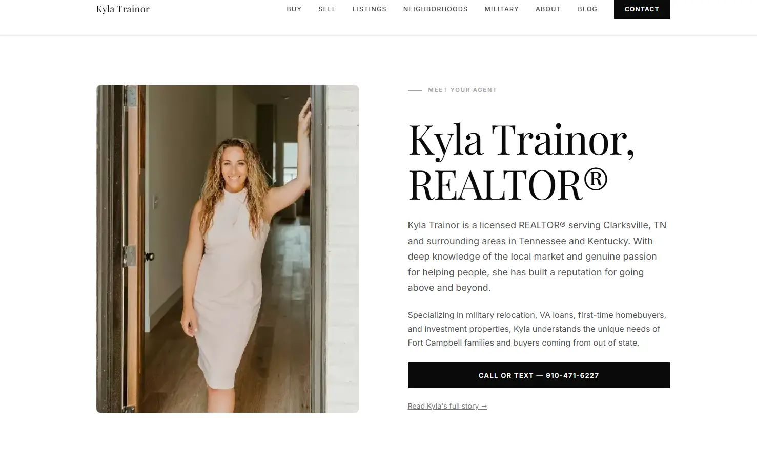 Kyla Trainor REALTOR website homepage for Clarksville, TN and Fort Campbell clients